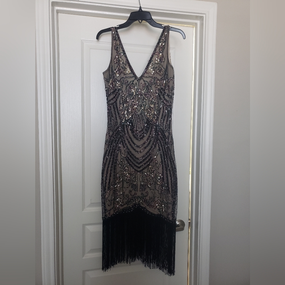 Beaded fringe evening knee length dress size M